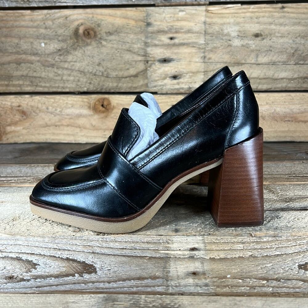 Vince Camuto Black Platform Loafers with Brown Heel